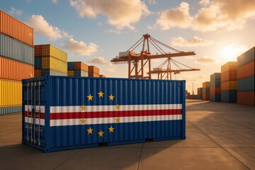 Shipping container with Cape Verde national flag at industrial port. Great for export, maritime trade, or Independence Day visuals.
