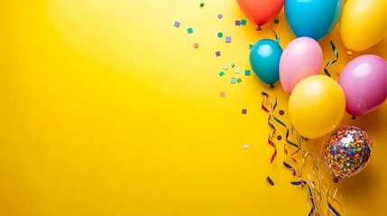 Colorful balloons, streamers, and confetti arranged on a vibrant yellow background, leaving a blank area for birthday wishes or event details, ideal for parties