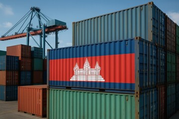 Shipping container featuring Cambodia’s national flag, with Angkor Wat symbol in white. Suitable for Southeast Asian trade, export-import visuals, and infrastructure content.
