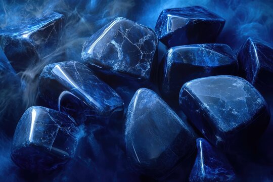 A collection of dark blue tumbled stones, possibly lapis lazuli, arranged on a smoky blue background.