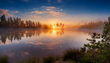 Fototapeta premium misty forest reflection tranquil sunrise over still waters