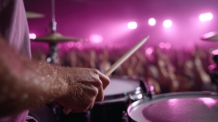 Naklejka premium drummer strikes a cymbal while surrounded by colorful lights and an enthusiastic crowd at a lively concert. atmosphere is electric, filled with excitement and sound