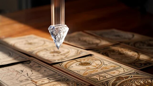 Crystal pendulum hovering over a set of antique fortune telling cards spread out on a wooden table, divination concept