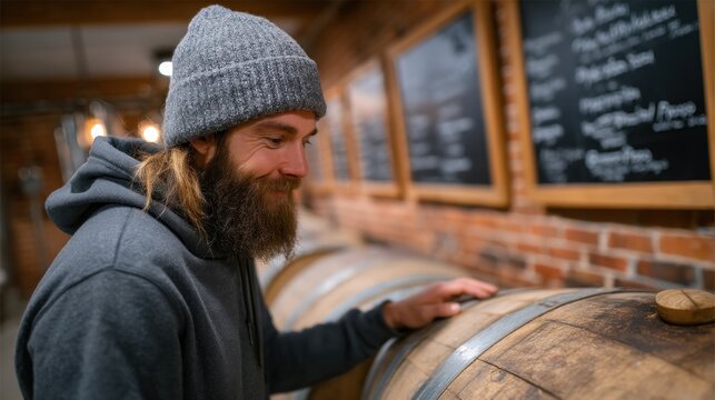 Beverage professional examines aged wooden barrels in a charming brewery setting. Warm lighting enhances the inviting atmosphere while displaying the craftsmanship involved