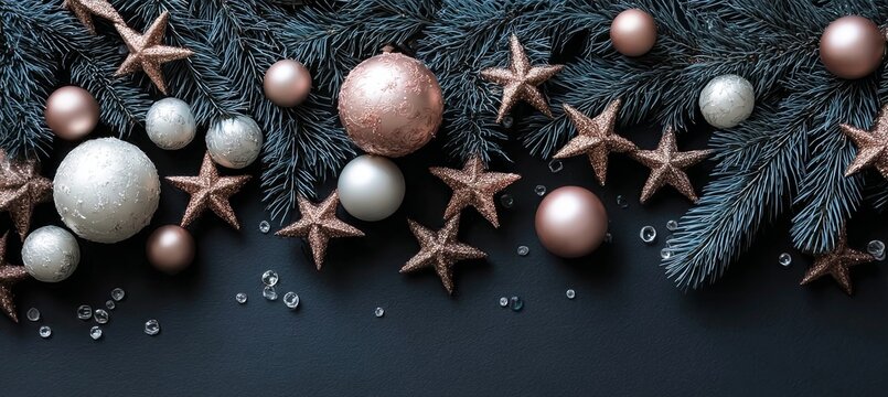 Christmas Background, Banner. Christmas Tree Branches Decorated with Rose Gold, Teal Balls, Stars,