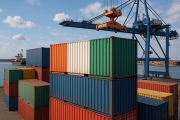 Stacked container in green, white, and orange colors resembling the Irish flag. Perfect for European logistics, Irish trade, or container shipping ads.
