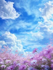 Beautiful landscape with a blue sky and white clouds. the sky is filled with fluffy white clouds that are scattered across the top of the image.