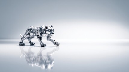 A sleek, shiny metallic sculpture of a dog walking across a reflective surface.