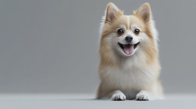 Smiling Pomeranian Dog Posing Against a Solid Background in Studio