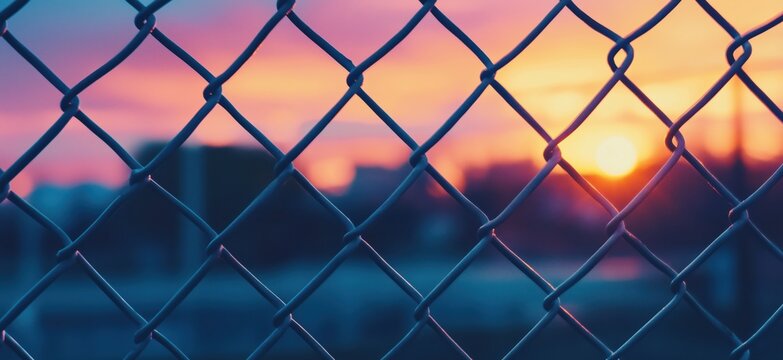 Colorful sunset behind chain link fence creating a dramatic urban silhouette