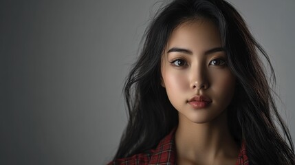 Fototapeta premium Portrait of a beautiful Asian woman with long black hair looking directly at the camera