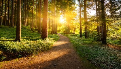 Fototapeta premium sunlit forest path at sunset