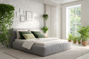 A gray fabric bed with a plush mattress features white and green accent pillows. Sunlight streams through large windows, illuminating the room filled with indoor plants and a calming atmosphere