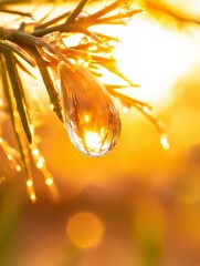 Obraz premium Close-up of a single drop of water hanging from a branch of a tree. the drop is transparent and appears to be glistening in the sunlight.