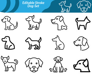 A dog set icon features a collection of editable vector icons showing dogs in various poses like sitting, running, barking, and sleeping, designed in cute, minimal, or detailed styles.