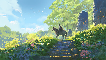 A rider on horseback climbs ancient stone steps surrounded by glowing ruins and lush vegetation beneath a bright morning sky in a peaceful forest, digital art style, illustration painting