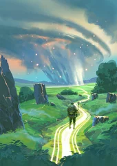 Fototapete An explorer walks along a radiant glowing trail through green fields toward a massive swirling storm filled with light and mystery in the sky, digital art style, illustration painting © grandfailure