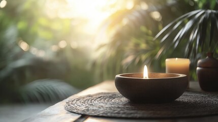 Wooden Bowl Candle Burning with Calm Ambient Light and Green Foliage