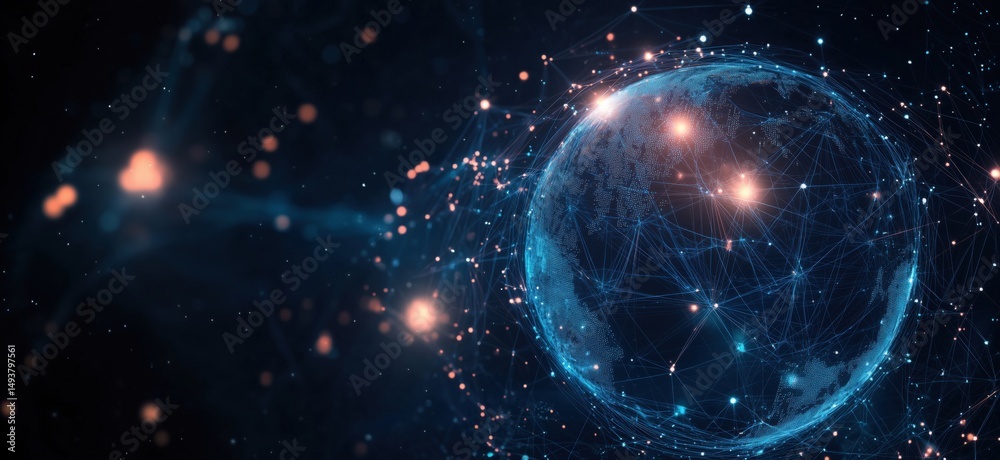 Poster digital globe with interconnected lines and glowing nodes representing global connectivity