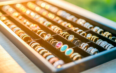 A close-up photograph of a jewelry display case with multiple rows of rings and accessories (4)