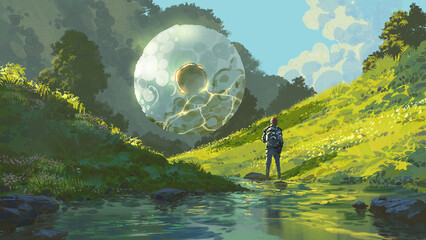 A traveler stands in a glowing green valley beside a stream gazing at a large mysterious floating orb emitting light and energy in the sky, digital art style, illustration painting