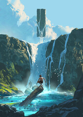 A young boy stands on a log in a glowing blue pool beneath a massive waterfall while a mysterious floating monolith hovers in the sky above, digital art style, illustration painting