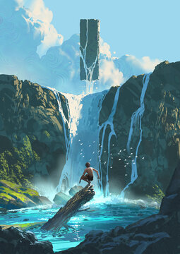 Fototapeta A young boy stands on a log in a glowing blue pool beneath a massive waterfall while a mysterious floating monolith hovers in the sky above, digital art style, illustration painting