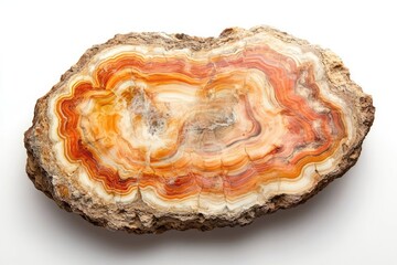 A stunning cross-section of banded agate reveals intricate layers of orange, red, and white.