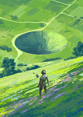 A futuristic explorer and floating drone overlook a massive glowing crater in the middle of a green field filled with wildflowers under a bright sky, digital art style, illustration painting