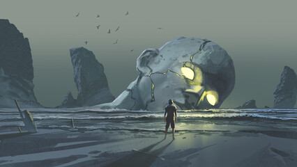 A man faces a massive cracked statue head with glowing eyes lying in the surf of a mysterious dark coastline under a muted sky, digital art style, illustration painting