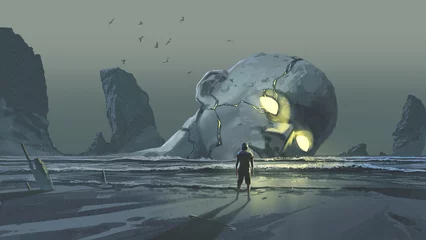 Fototapete A man faces a massive cracked statue head with glowing eyes lying in the surf of a mysterious dark coastline under a muted sky, digital art style, illustration painting © grandfailure