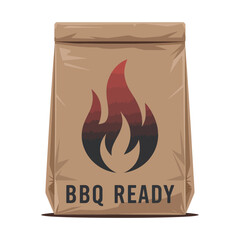 BBQ Ready Bag Packaging with Fire Flame Logo, Colorful Brown and Red Barbecue Food Vector Illustration