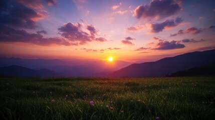 Deep oranges, purples, and reds illuminate the sky as the sun sets, casting a warm glow over the tranquil meadow filled with greenery and colorful clouds