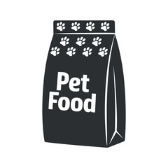 Pet Food Bag with Paw Print Design Icon, Black and White Packaging Vector Illustration