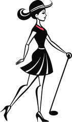 Stylish Woman Golfer in Retro Dress and Hat Holding Golf Club