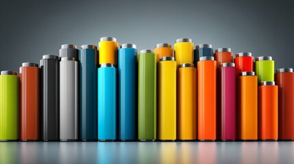 Obraz premium A vibrant assortment of batteries in various colors lined up in a modern design.