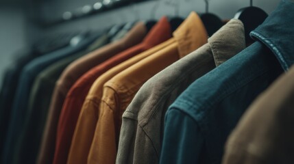 Obraz premium A vibrant collection of jackets hanging on a rack in a modern clothing store.