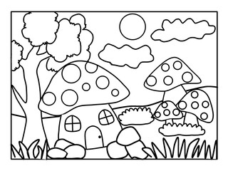 Mushroom house coloring book for children. Coloring page