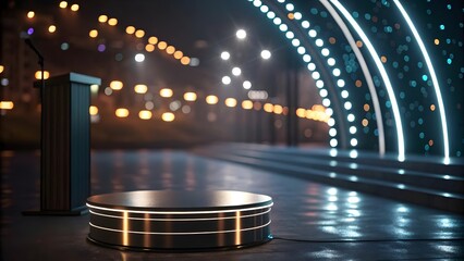 Modern dark podium, illuminated stage, night city backdrop, glowing neon lights, product display, award ceremony, presentation background, abstract urban scene, sleek metallic design, empty platform, 