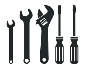 Collection of Simple Black and White Tool Icons Wrenches and Screwdrivers