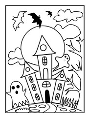 Halloween coloring pages for kids with hand drawn black color sketch illustration. Midnight