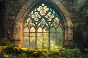 A mystical stained-glass window in an overgrown stone ruin, bathed in sunlight.