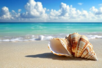 Close up of a single shell resting on sandy beach with gentle waves in the background