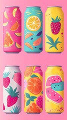Tropical summer soda cans with artistic fruity designs. AI generated image