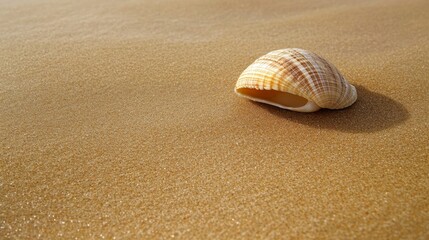 Shell on sandy beach with ocean waves and clear blue sky in the background