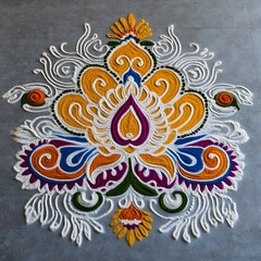 Colorful floral design on a gray surface.