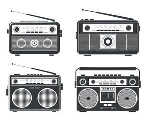 Obraz premium Set of Vintage Radios Collection in Black and White, Retro Audio Equipment Vector Illustration