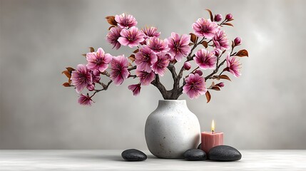 Soft pink cherry flower branches elegantly placed in a minimalist vase, accompanied by lit pink candles on a plain white surface.