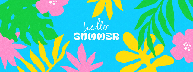 Summer colorful background, banner, card design. Hand drawn exotic plants, leaves, flowers. Summer, spring sunny day.