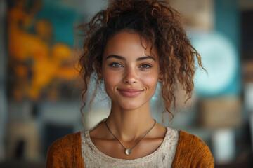 Fototapeta premium Curly-haired woman in a sweater.